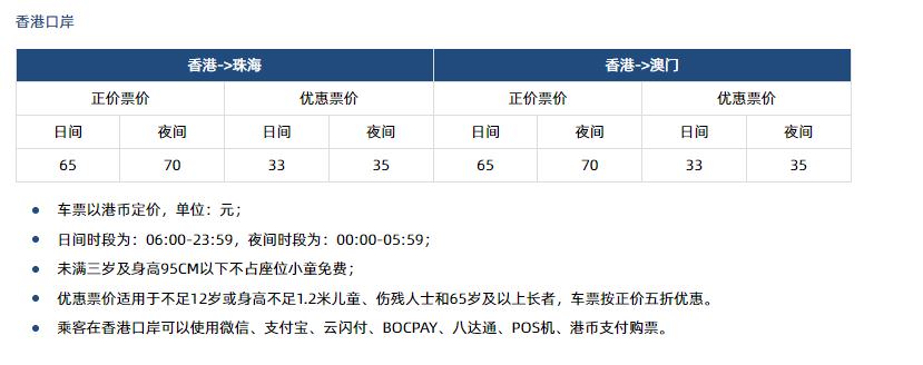 港珠澳大橋穿梭巴士票價