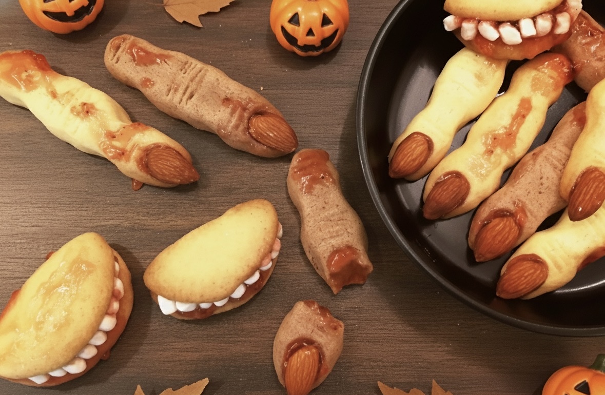 【食譜】13款萬聖節甜點一次學會|巫婆手指餅乾、幽靈木乃伊麵包、大腦蛋糕、鬼怪布郎尼~好玩又好吃 - 第2張圖 萬聖節巫婆牙齒手指餅乾做法